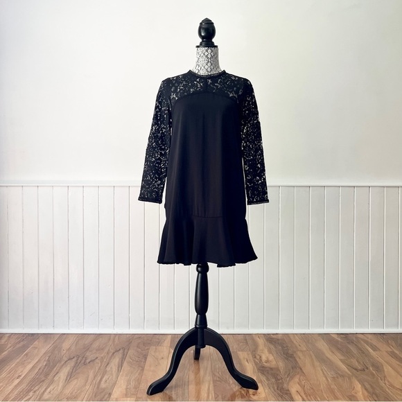Zara Black Long Sleeve Lace Keyhole Back Mini Dress Size XS - Picture 15 of 15